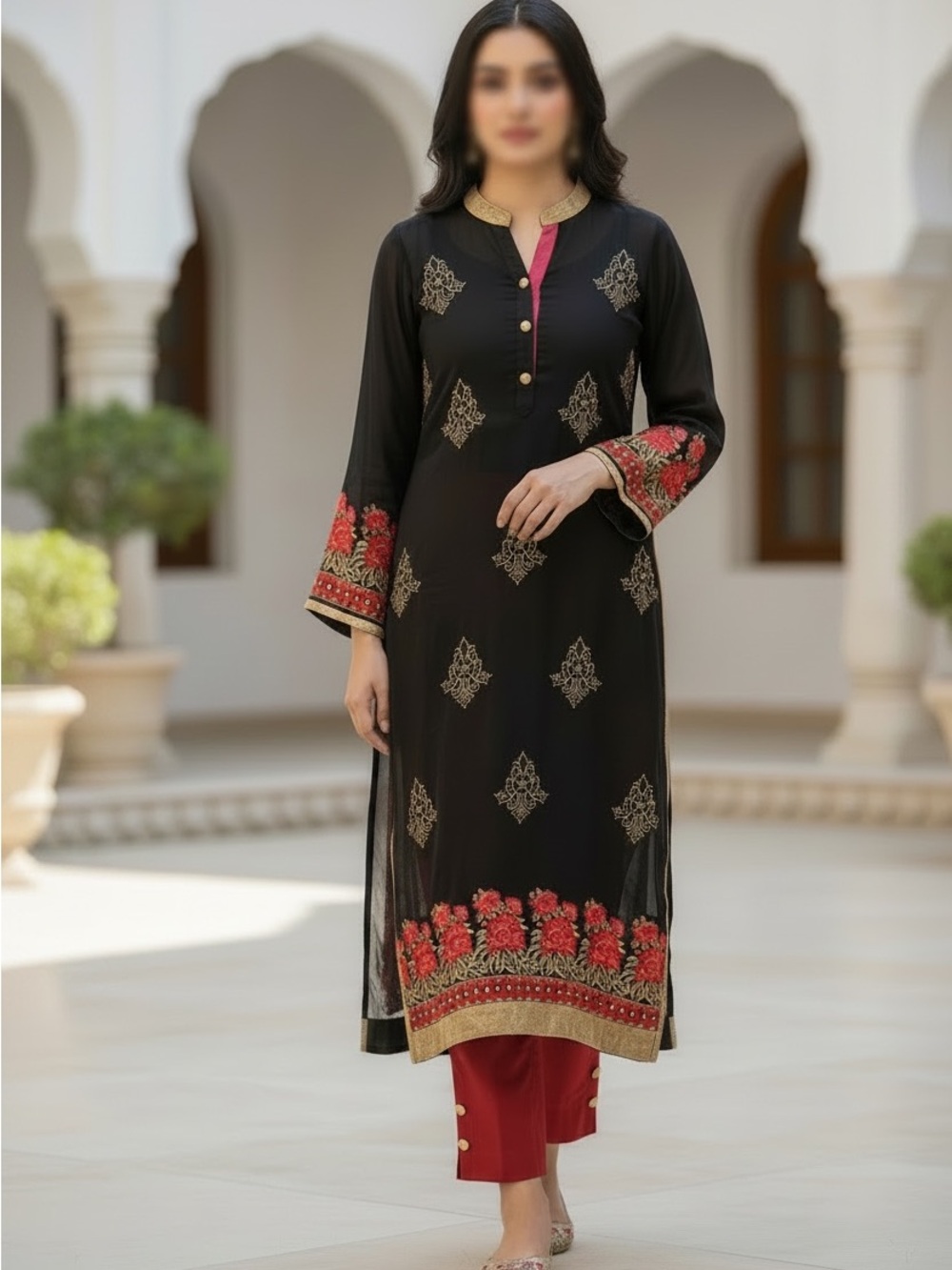 India 3 piece Black Embroidered kurta  with Red Accents and red pants/Dupatta